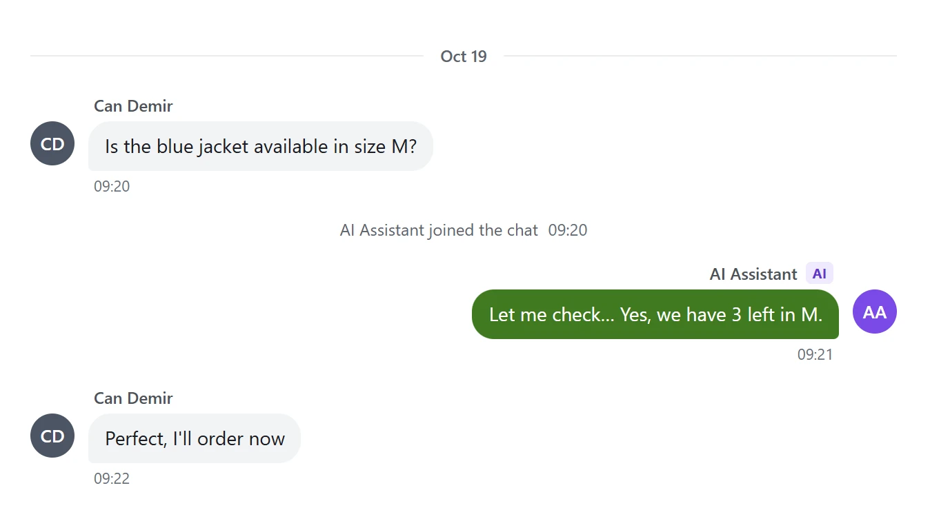 A chat answered by the AI agent: the customer asks if the blue jacket is available in size M, the AI Assistant replies that three are left, and the customer orders.