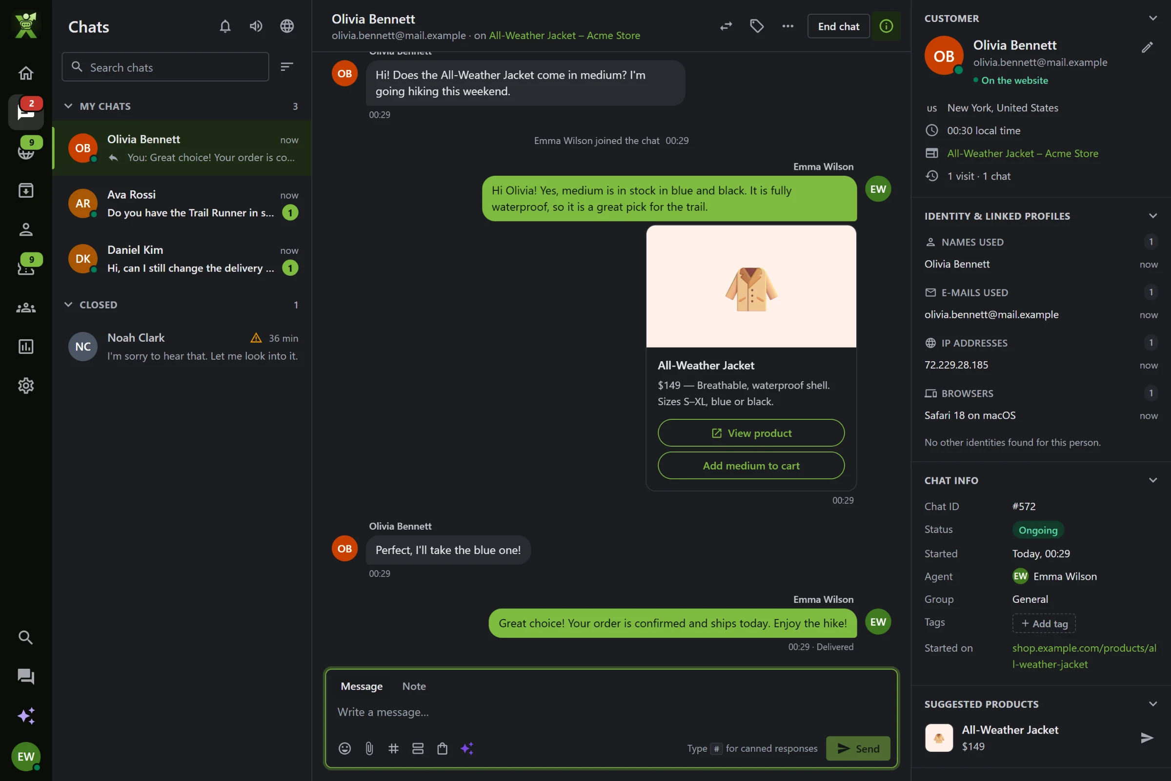 The XenChats agent app in night mode: a list of live chats on the left, a conversation in the middle where an agent sends a product card for a jacket and the customer buys it, and the customer's details on the right.
