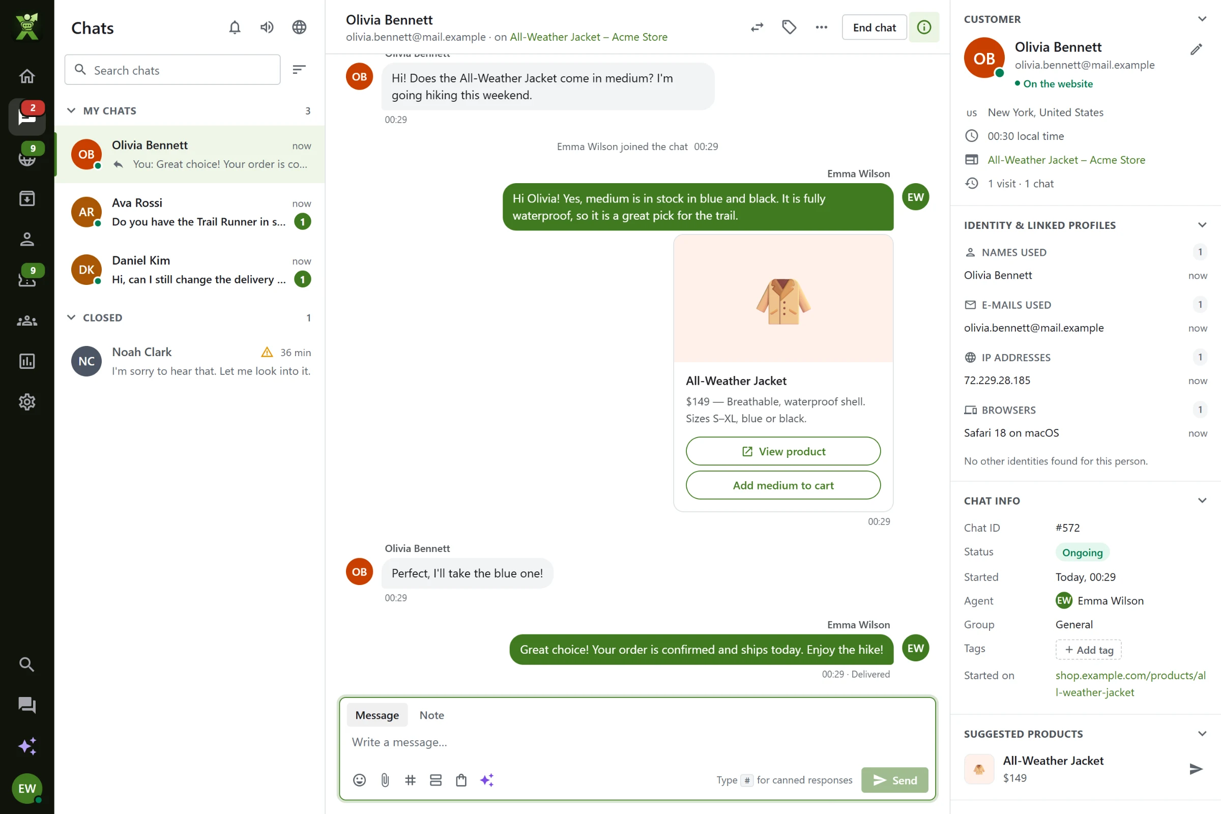 The XenChats agent app: a list of live chats on the left, a conversation in the middle where an agent sends a product card for a jacket and the customer buys it, and the customer's details on the right.