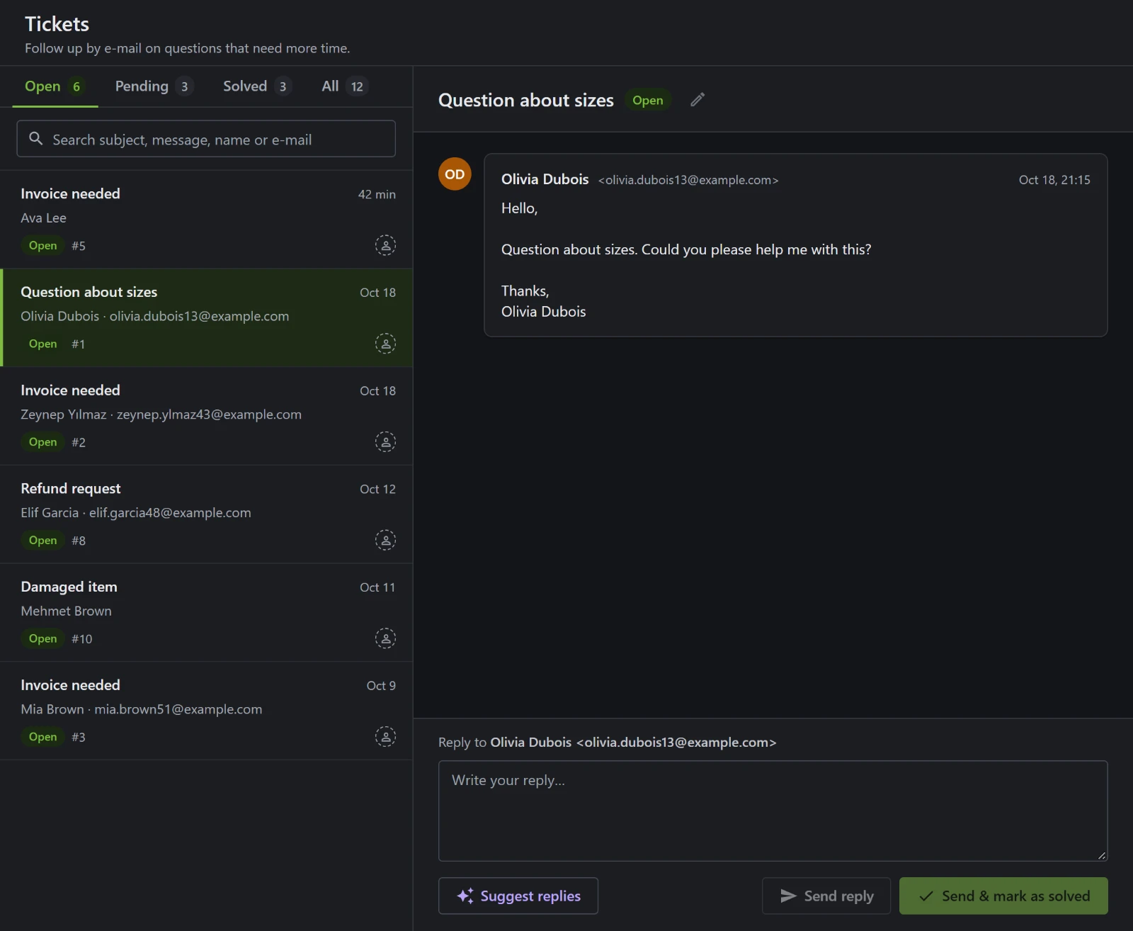 The Tickets screen in night mode: open tickets on the left and a customer's question about sizes on the right, with a reply box and a Suggest replies button.